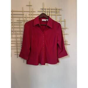 Joanna Petite Womens PS Red Black Pinstripe Blouse Button Front Career Top